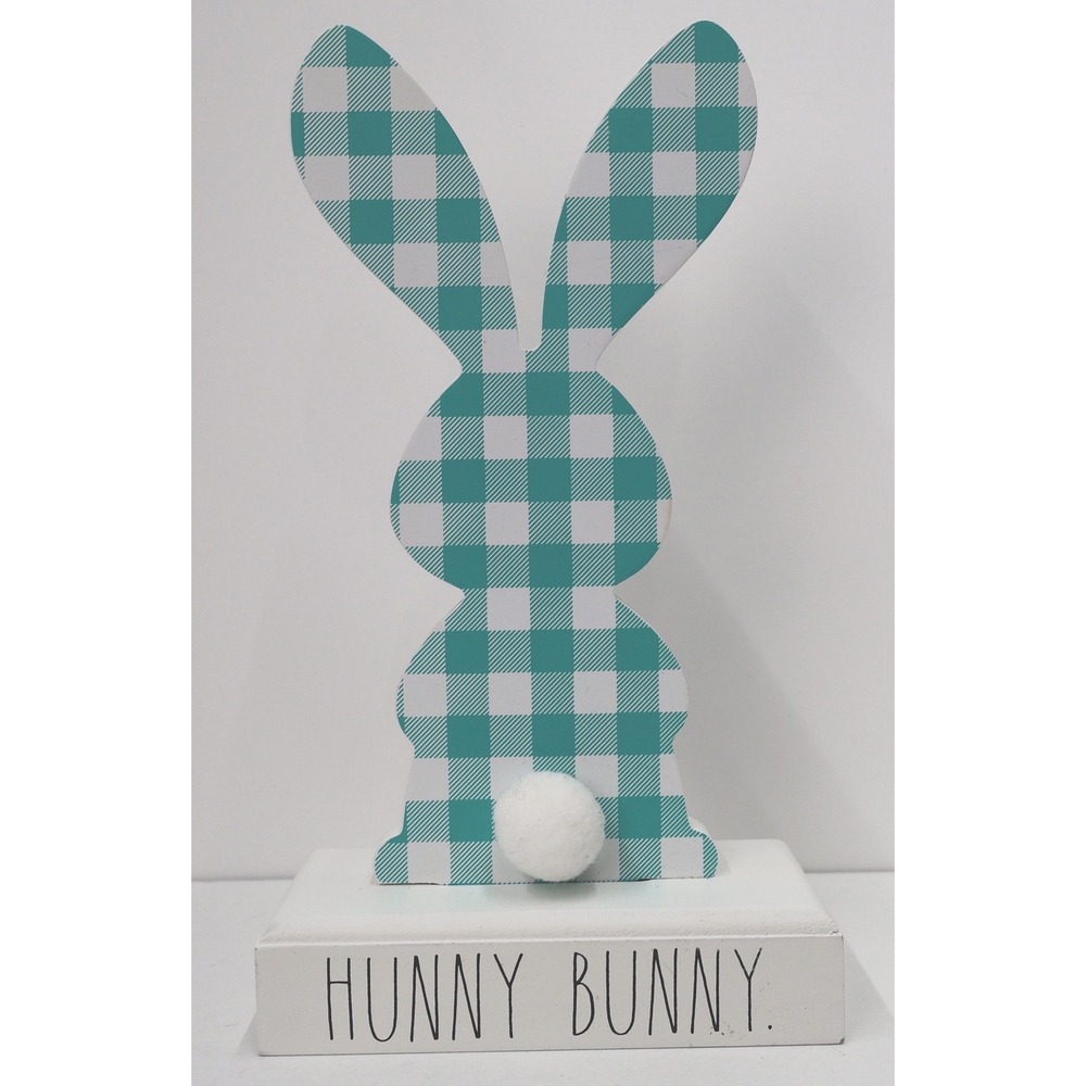 Rae Dunn Hunny Bunny Wooden Figurine Easter Decor Teal Gingham Buffalo Check EX